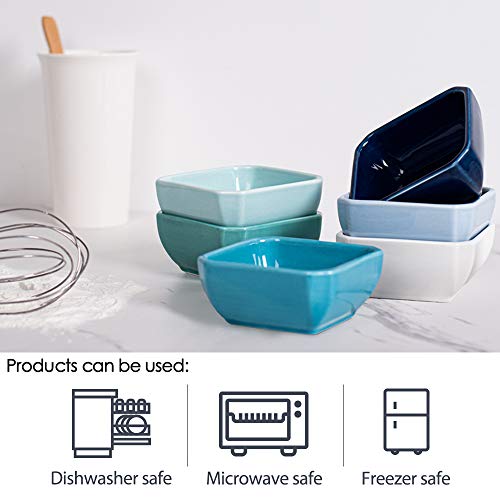 DELLING 6 Oz Porcelain Ramekins Set of 6, Square Souffle Dishes Oven Safe - Colorful Ceramic Creme Brulee Ramekins for Baking, Dishwasher Microwave Freezer Safe Dessert Cups for Pudding Custard