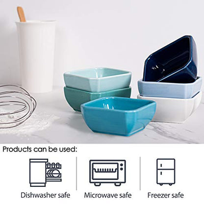 DELLING 6 Oz Porcelain Ramekins Set of 6, Square Souffle Dishes Oven Safe - Colorful Ceramic Creme Brulee Ramekins for Baking, Dishwasher Microwave Freezer Safe Dessert Cups for Pudding Custard