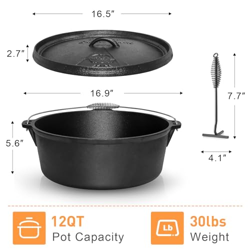 Camping Dutch Oven,12 Qt Pre-Seasoned Cast Iron Camp Dutch Oven Pot with Lid - Lid Lifter, Cast Iron Dutch Oven with Metal Handle for Cooking BBQ Baking Campfire Modern Black