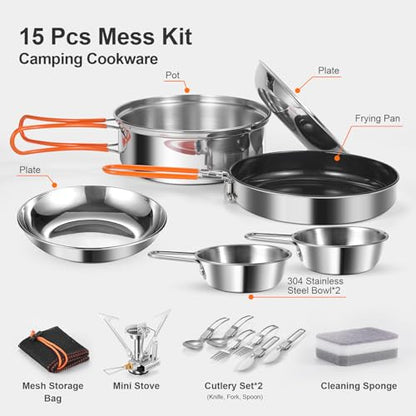 Odoland 15pcs Stainless Steel Camping Cookware Camping Pot and Pan Set with Portable Camping Stove Camping Mess Kit with Plates Bowls Forks Knives Spoons for Hiking Backpacking and Picnic