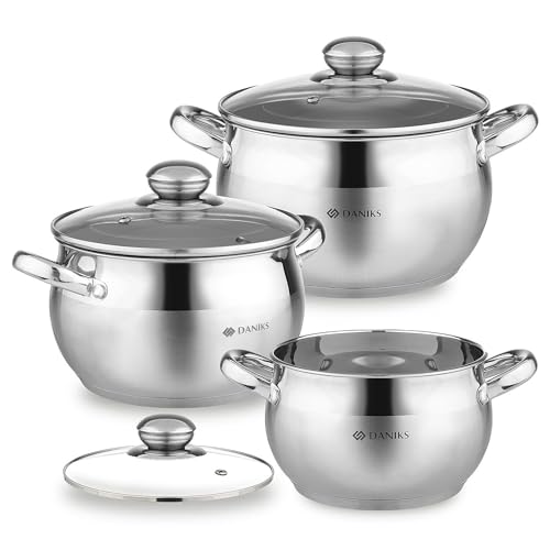 Daniks Classic 6-Piece Stainless Steel Cookware Set with Glass Lids, Tri-Ply Bases for Even Heating, Induction Compatible, Dishwasher Safe