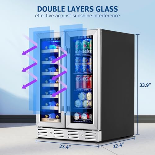 Kalamera 24 inch Wine Fridge Hold 21 Bottles and 75 Cans,Dual Zone Wine and Beverage Refrigerator,Built-In or Freestanding with Blue LED Light,for Home/Bar/Office