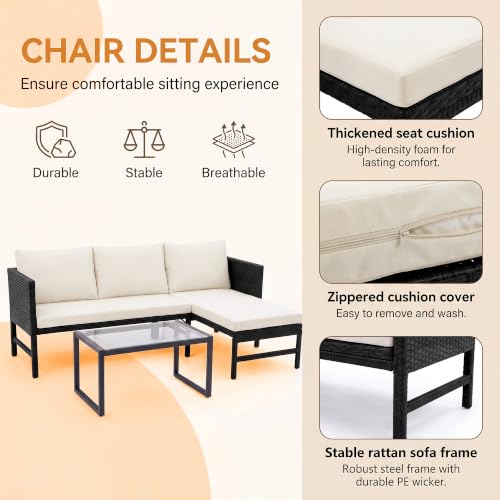 HOMEZILLIONS 3 Pieces Wicker L-Shaped Outdoor Sectional – Patio Couch Set with Tempered Glass Table, Small Rattan Loveseat for Balcony, Deck, Porch, Weatherproof & Easy Clean