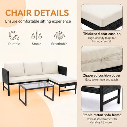 HOMEZILLIONS 3 Pieces Wicker L-Shaped Outdoor Sectional – Patio Couch Set with Tempered Glass Table, Small Rattan Loveseat for Balcony, Deck, Porch, Weatherproof & Easy Clean