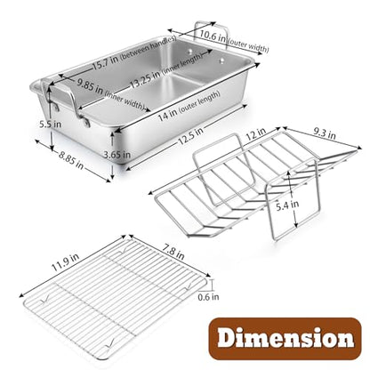 P&P CHEF 14" Roaster Roasting Pan with Baking Rack and V-shaped Rack, Stainless Steel Rectangular Lasagna Pan with Handles for Turkey Chicken, Healthy & Dishwasher Safe, 3 Pieces, Silver