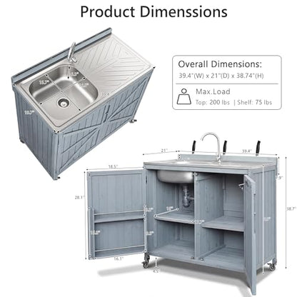 LUMISOL Outdoor Grill Cart with Stainless Steel Top, Farmhouse Outdoor Rolling Kitchen Island with Sink, Hose Hook Up & Faucet, 39.4" Kitchen Table with Back Splash & 4 Wheel, Grey+Blue