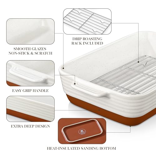 MALACASA Casserole Dishes for Oven with Roasting Racks, Ceramic Baking Dishes Set of 3, Baking Pan Casserole Dish Set, Rectangular Lasagna Pan Deep with Handles for Baking, Khaki White (14.5''/13''/10.5''), Series TARA