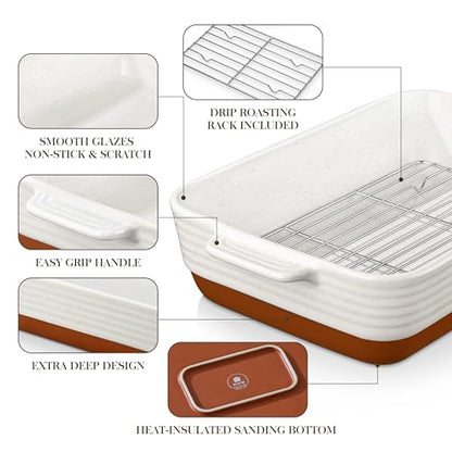 MALACASA Casserole Dishes for Oven with Roasting Racks, Ceramic Baking Dishes Set of 3, Baking Pan Casserole Dish Set, Rectangular Lasagna Pan Deep with Handles for Baking, Khaki White (14.5''/13''/10.5''), Series TARA