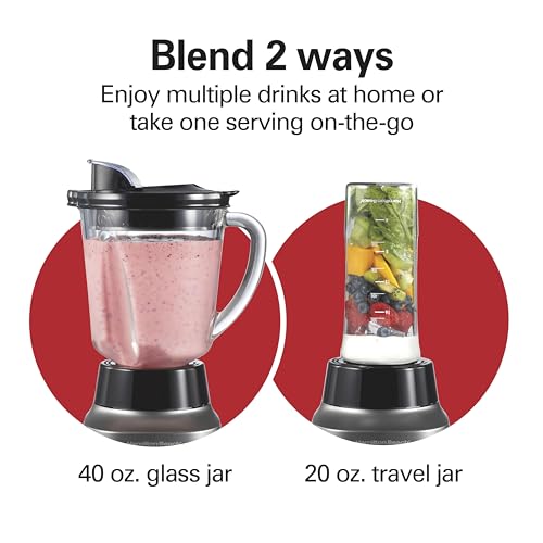Hamilton Beach Wave Action Blender for Smoothies, Stainless Steel Ice Sabre Blades, 40oz Glass Jar, 20oz Blend-In Portable Travel Jar, 800 Watts, Quiet Design, Silver (58181)