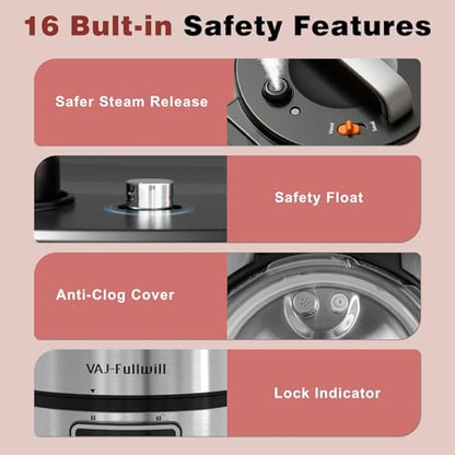 VAJ 8-Quart Electric Pressure Cooker, 12-in-1, 14 Presets, 1200W, Silver