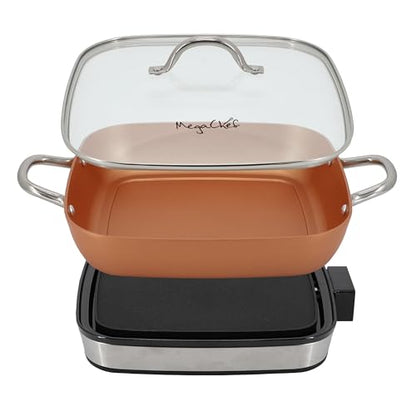 MegaChef Electric Fry Pan with Copper Non-Stick Coating, Tempered Glass Lid & Adjustable Temperature Control, Versatile Small Kitchen Appliance (11.81 Inch Fry Pan)