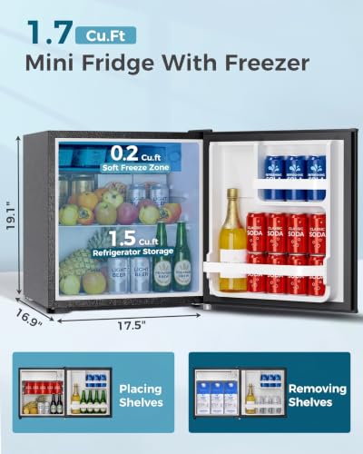 Feelfunn Mini Fridge with Freezer, 1.7 Cu.Ft Small Refrigerator, Silver