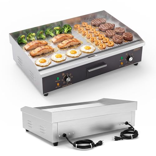 ROVSUN 30" Electric Griddle, Electric Countertop with Half Flat Top Griddle, 3000W Grill Stainless Steel with Adjustable Temperature Control 122°F-572°F for Commercial Home Restaurant, Plug