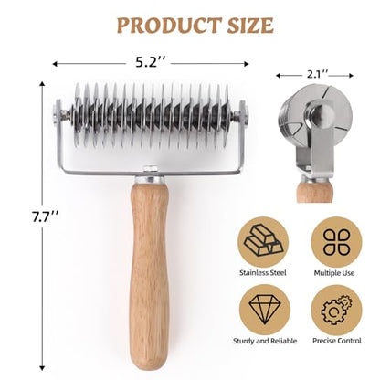 JuyVerq Pastry Lattice Roller Cutter, Stainless Steel Lattice Dough Cutter Wood Handle, Professional Pastry Crust Cutter, Household Time-Saver Cutting Tool Pie Bread Beef Wellington Pizza