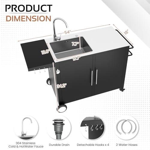 JFHID Outdoor Kitchen Sink with Hose Hook up, Stainless Steel Prep Table Kitchen Island, Rolling Pizza Oven Stand BBQ Grill Table for Garden, Backyard and Lawn
