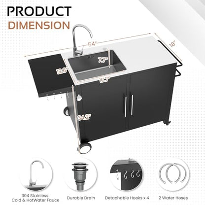 JFHID Outdoor Kitchen Sink with Hose Hook up, Stainless Steel Prep Table Kitchen Island, Rolling Pizza Oven Stand BBQ Grill Table for Garden, Backyard and Lawn
