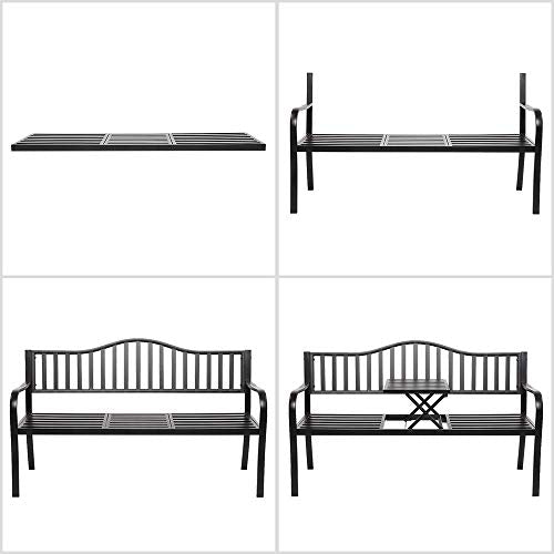 VINGLI 59" Outdoor Metal Bench Patio Bench with Built in Table Park Bench Garden Bench, Outside Benches Weather Proof Front Porch Bench for Yard Lawn Decor Deck