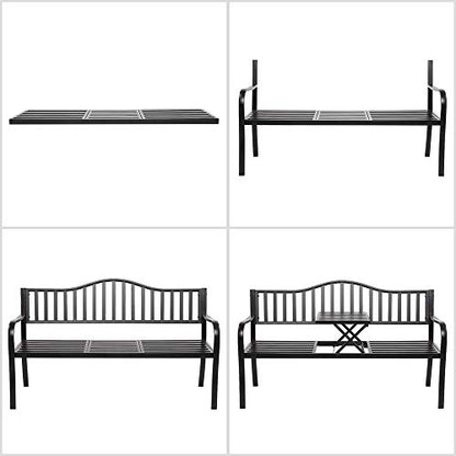 VINGLI 59" Outdoor Metal Bench Patio Bench with Built in Table Park Bench Garden Bench, Outside Benches Weather Proof Front Porch Bench for Yard Lawn Decor Deck