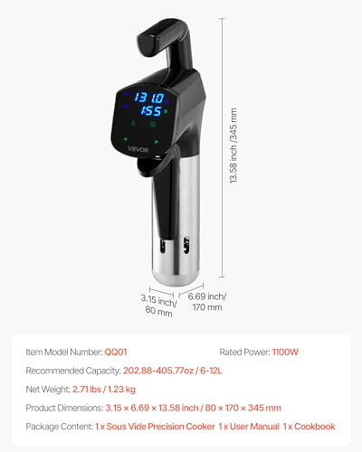 VEVOR Sous Vide Precision Cooker, 1100W Sous-Vide Cooking Machine, Immersion Circulator with LED Digital Display, Secure Clamp Design, Temperature & Timer Control, Professional Sous Vide Cooker