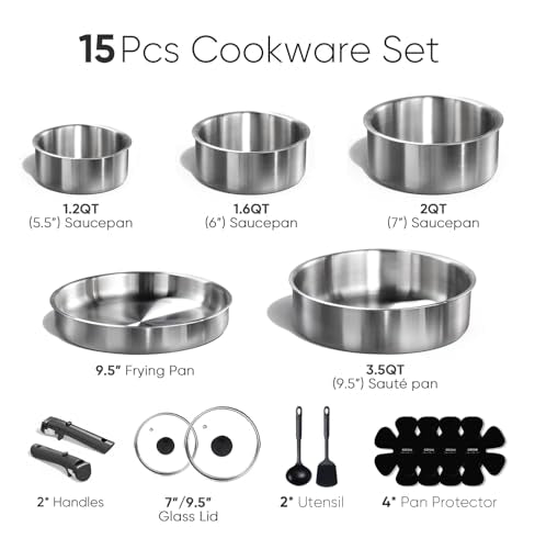 CAROTE Pots and Pans Set, Stainless Steel Cookware Set Detachable Handle, 15pcs Induction Kitchen Cookware Sets with Removable Handle, RV Cookware Set, Oven Safe, Mothers Day Gifts