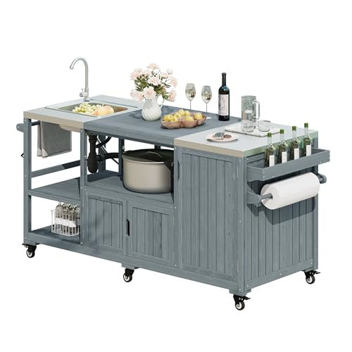 Oevsld 75.4" Outdoor Kitchen Island with Sink,Solid Wood Grill Cart for XL Big Green Egg,Rolling Outdoor Prep Station with Stainless Steel Top and Storage Cabinet. (Grey+Blue)