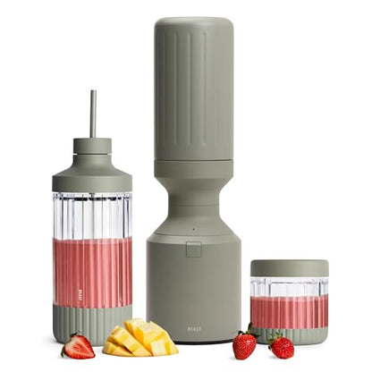 Beast Mega 1200 Stainless Steel | Premium Countertop Blender | Smoothies, Shakes, Sauces, Dips | Lg Servings | Blends Ice + Frozen Fruit | Double-Wall Insulation | Extra Vessels | 1200W (Sage)