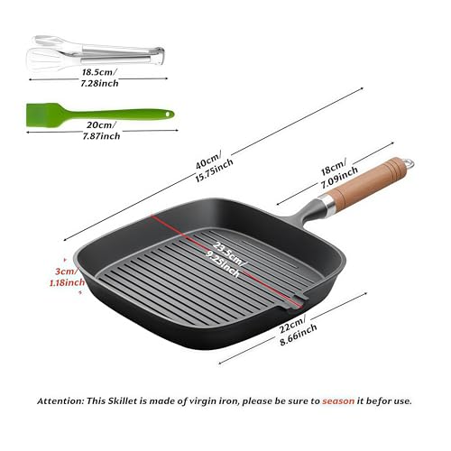 JSY Sun Cast Iron Grill Pan, 9 Inch Griddle Pan with Kitchen Tong & Oil Brush, Gilling Skillet with Pour Spout & Grill Lines for Searing Steak, Stove Tops Gas Induction Campfire Compatible, PFOA Free