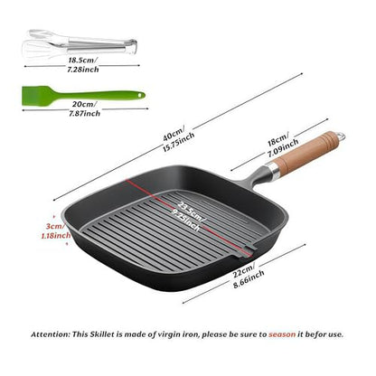 JSY Sun Cast Iron Grill Pan, 9 Inch Griddle Pan with Kitchen Tong & Oil Brush, Gilling Skillet with Pour Spout & Grill Lines for Searing Steak, Stove Tops Gas Induction Campfire Compatible, PFOA Free