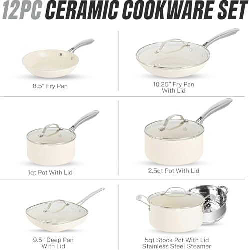 Gotham Steel 12 Pc Ceramic Cookware Set Nonstick, Ceramic Pots and Pans Set Non Stick with Steamer for Cooking, Non Toxic PFOA PFOS Free, Premium Stay Cool Handles, Oven & Dishwasher Safe