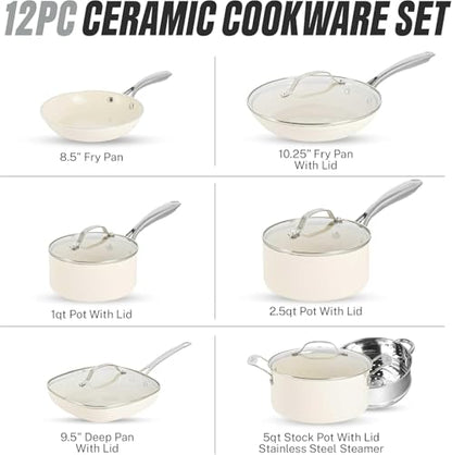 Gotham Steel 12 Pc Ceramic Cookware Set Nonstick, Ceramic Pots and Pans Set Non Stick with Steamer for Cooking, Non Toxic PFOA PFOS Free, Premium Stay Cool Handles, Oven & Dishwasher Safe