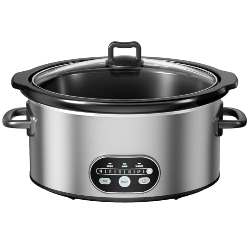 NEWBULIG Slow Cooker 8 Quart, Large Slow Cooker, Ceramic Nonstick Coating, 3 Adjustable Temp Multi Cookers with Dishwasher Safe Stoneware Pot & Tempered Glass Lid, 35in Tangle Free Cord Wrap, Silver