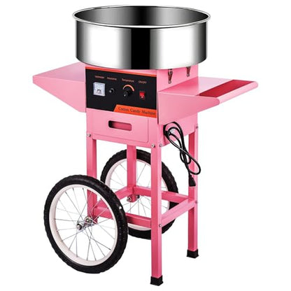 Commercial Cotton Candy Machine w/Cart and Wheels, 110V Electric Floss Maker with Stainless Steel Bowl, Sugar Scoop for Family and Various Party Pink