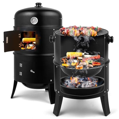 VINGLI 18 Inch Multi-Layer Charcoal BBQ Smoker Grill, Heavy Duty Round Grill, Vertical Smoker with Thermometer, for Outdoor Cooking, Patio, Parties, Backyard