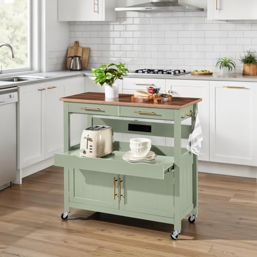 Best Choice Products 36in Large Rolling Kitchen Island Cart, 2-Door Cabinet, 2 Drawers, Pull-Out Shelf, Power Outlet, Hooks, & Swivel Lockable Wheels - Pistachio Green