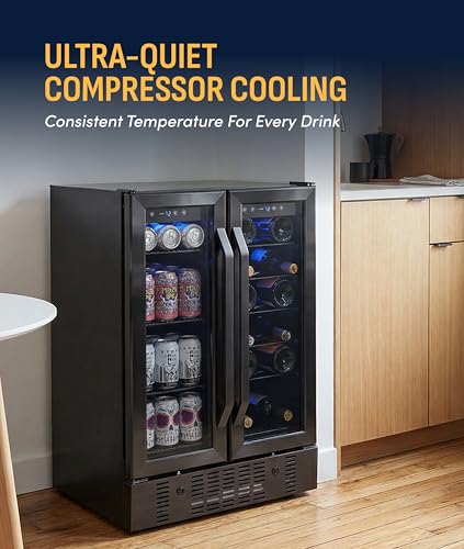 NewAir 24" Dual Zone Beverage Refrigerator & Wine Cooler for 18 Bottles & 58 Cans | Freestanding or Built-In Under Counter Mini Fridge for Beer, Wine and Soda | Black Stainless Steel