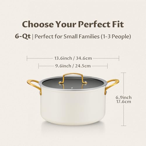 BEZIA 6 Quart Stock Pot with Lid, Ceramic Nonstick Cooking Pot, Soup Pot with Stainless Steel Handle, Tempered Glass Lid, Induction Compatible for Pasta, Soup, Spaghetti, Dishwasher Safe, Cream