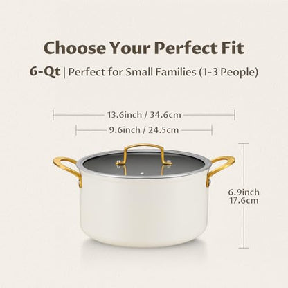 BEZIA 6 Quart Stock Pot with Lid, Ceramic Nonstick Cooking Pot, Soup Pot with Stainless Steel Handle, Tempered Glass Lid, Induction Compatible for Pasta, Soup, Spaghetti, Dishwasher Safe, Cream