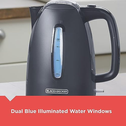 BLACK+DECKER 1.7L Cordless Electric Kettle, KE1555GY, Water Window, Rapid Boil, Auto Shutoff, Grey
