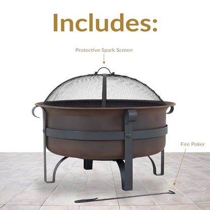 Sunnydaze 29-Inch Cauldron Wood-Burning Outdoor Fire Pit for Patio and Backyard - Round Steel Outside Firepit Bowl with Removable Ash Pan, Spark Screen, and Poker Tool - Dark Bronze Finish