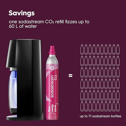 SodaStream - E-TERRA Soda Maker | VALUE BUNDLE | 3 Automatic Carbonation Levels | Includes 2x CO2 Cylinders, 3x 32 Fl Oz Dishwasher Safe Bottles, 2x Bubly Fruit Flavor Drops, 1x Power Adapter | Black