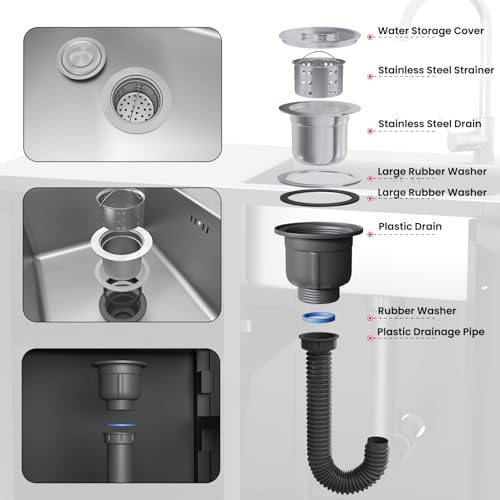 JFHID Outdoor Kitchen Sink with Hose Hook up, Stainless Steel Prep Table Kitchen Island, Rolling Pizza Oven Stand BBQ Grill Table for Garden, Backyard and Lawn