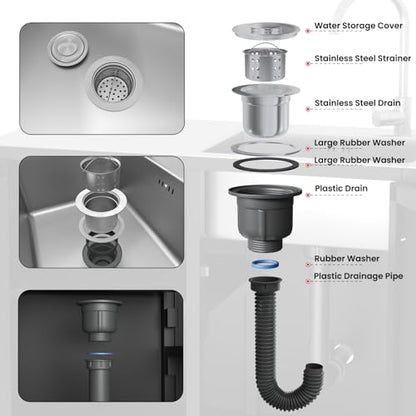 JFHID Outdoor Kitchen Sink with Hose Hook up, Stainless Steel Prep Table Kitchen Island, Rolling Pizza Oven Stand BBQ Grill Table for Garden, Backyard and Lawn
