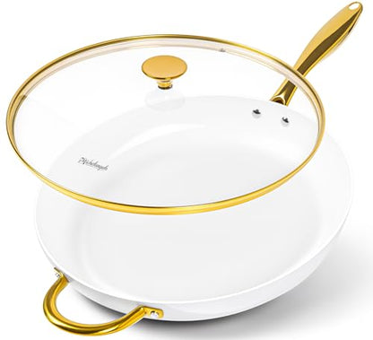 MICHELANGELO Large Frying Pan with Lid, 14 Inch Ceramic Skillet with Non-Toxic Coating, Non Stick Fry Pan with Ergonomic Handle, Induction Compatible