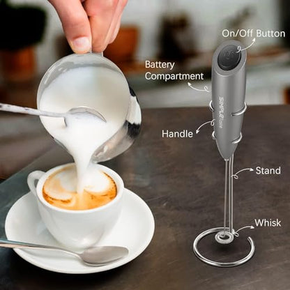 SIMPLETASTE Milk Frother Handheld Electric Foam Maker, Drink Mixer with Stainless Steel Whisk for Cappuccino, Bulletproof Coffee, Latte, Gray, with Stand, Battery Operated