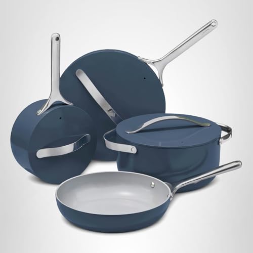 Caraway Deluxe Non-stick Ceramic Cookware Set (16 Piece) Pots, Frying Pans, Lids and Kitchen Storage - PFAS & PFOA Free - Oven Safe Pan Set & Compatible with All Stovetops - Navy