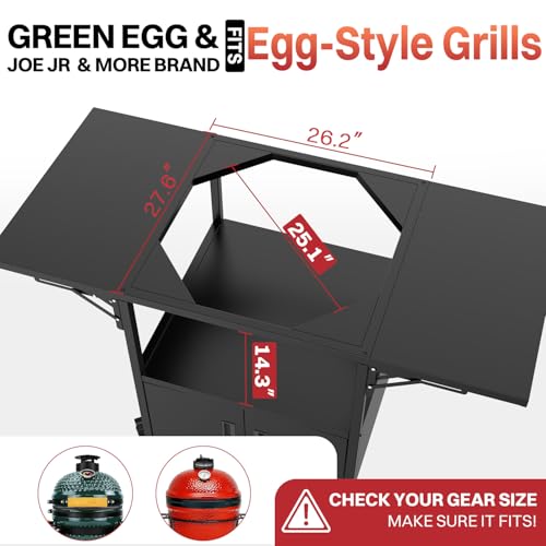 Outdoor Grill Cart for Big Green Egg Style| Egg BBQ Grill with a Cover| 3-Duty Storage| 2 Sided Prep Table| 530Lbs&Heavy Duty Metal |Outside-in Easy Assembly| Compatible with Big Green Egg, Kamado Joe