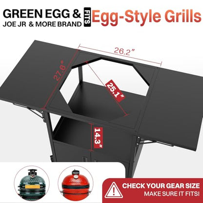 Outdoor Grill Cart for Big Green Egg Style| Egg BBQ Grill with a Cover| 3-Duty Storage| 2 Sided Prep Table| 530Lbs&Heavy Duty Metal |Outside-in Easy Assembly| Compatible with Big Green Egg, Kamado Joe