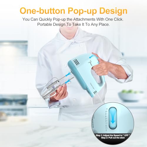 LILPARTNER Hand Mixer Electric, Ultra Power Kitchen Hand Mixer With 7-Speed & 5 Stainless Steel Accessories for Whipping Dough, Cream, Cake, Dishwasher Safe, Light Blue