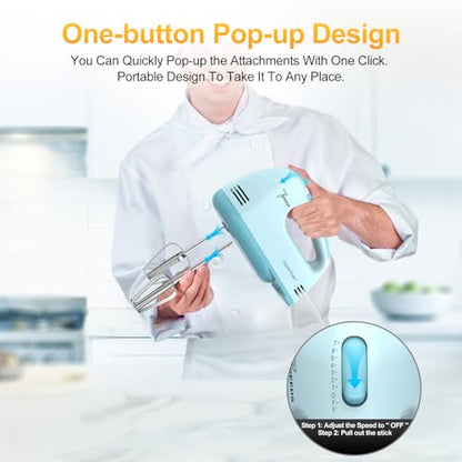 LILPARTNER Hand Mixer Electric, Ultra Power Kitchen Hand Mixer With 7-Speed & 5 Stainless Steel Accessories for Whipping Dough, Cream, Cake, Dishwasher Safe, Light Blue
