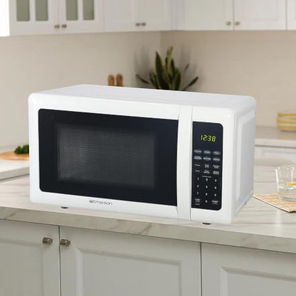 Emerson MW7302W Compact Countertop Microwave Oven with Touch Control, LED Display, 700W, 10 Power Levels, 6 Auto Menus, Glass Turntable and Child Safe Lock, 0.7 Cu., Ft. White